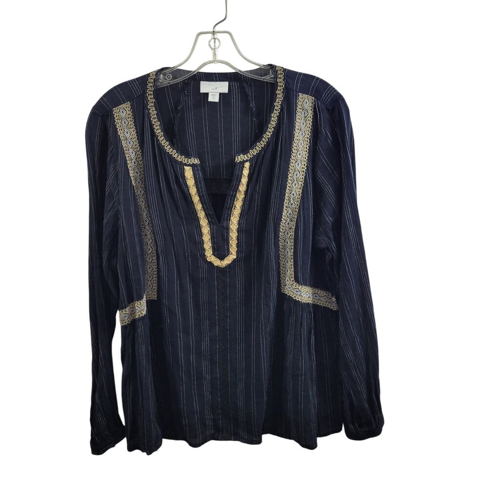 J Jill Black Blouse Trim in Gold Lace V Neck Peasant Blouse Size PM 121123-0560